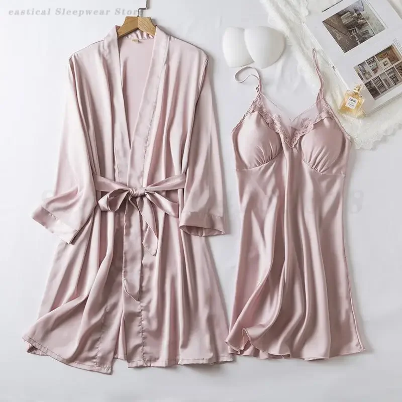 

Розовый халат, ночная рубашка, комплект невесты, свадебная одежда для сна, сексуальное кимоно, халат, кружевная сорочка, ночная рубашка, нижнее белье из искусственного шелка, домашняя одежда