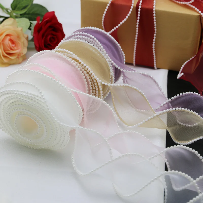 (5yards/roll)40mm Pearl Edge Wave Organza Ribbon  Lace Children Hair Accessories Lolita Bow Handmade Decorative Gift Box Wedding