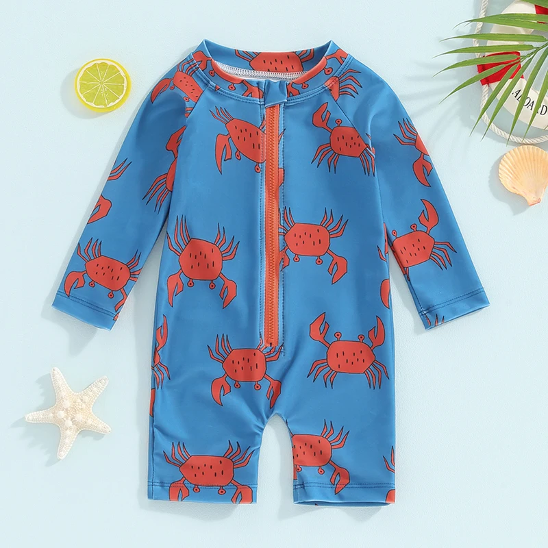 Baby Toddler Boy  Swimsuit Fish Crab Print Long Sleeve Zipper Sunsuit Bathing Suit UPF 50 Sun Protection Rash Guard