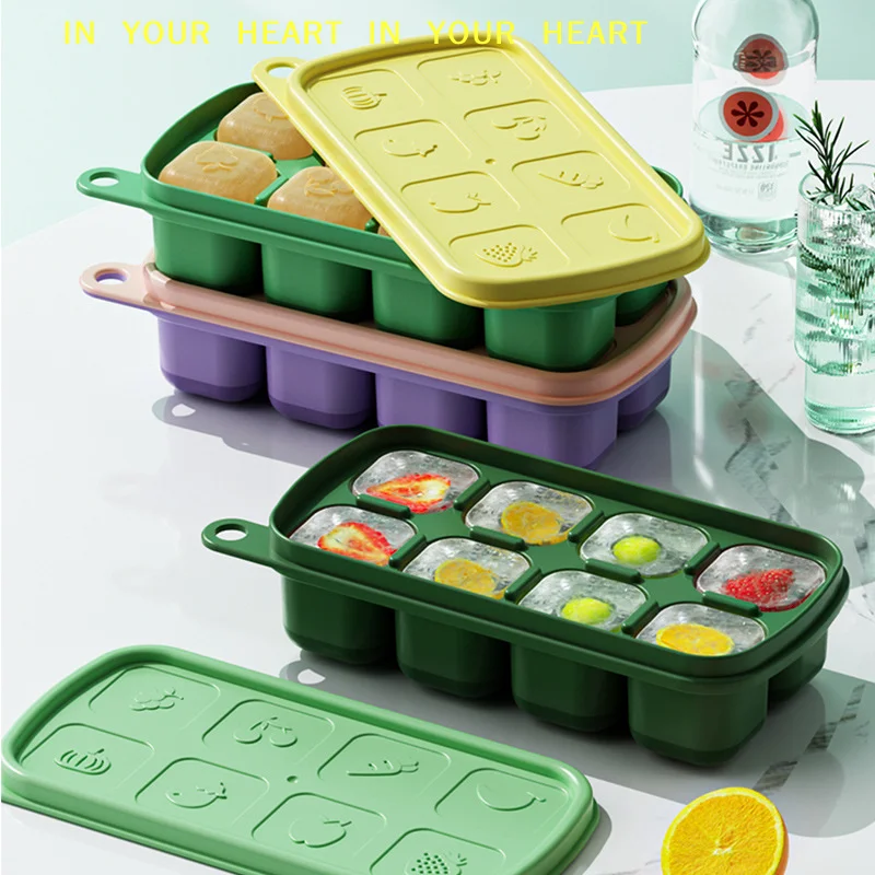 【X】1Pc 8 Cell Food Grade Silicone Mold Ice Grid With Lid Ice Case Tray Making Mould Ice Storage Box Reusable DIY Kitchen Gadget