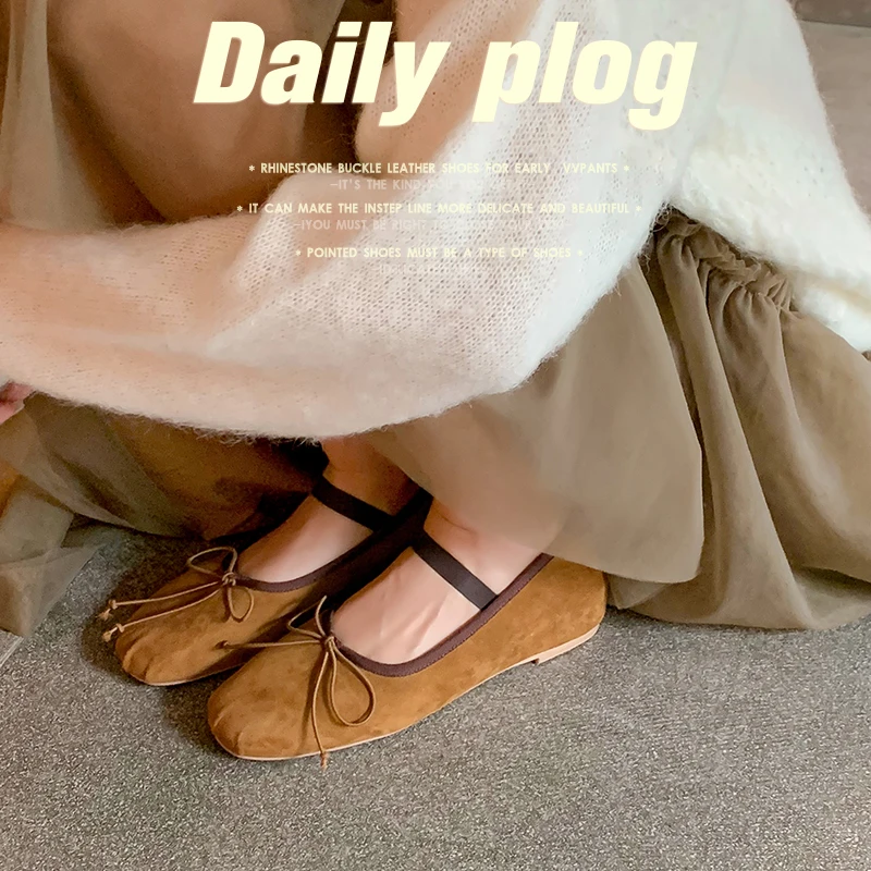 Basic Daily Flat Shoes Woman Round Toe Ballet Flats Elegant Bowtie Low Heel Walk Shoes Korea Style Soft Sheepsuede Driving Flats