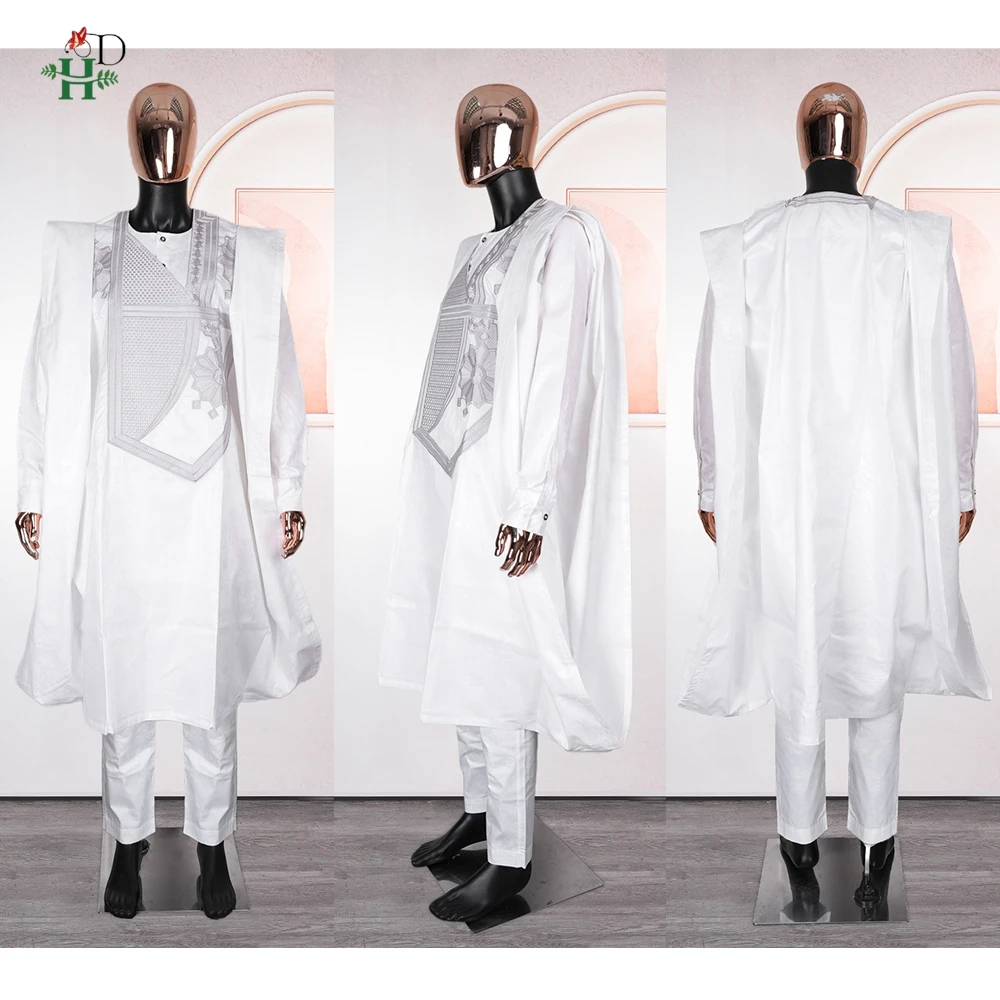 H&D African Clothes for Men Traditional Rich Bazin Original Embroidery White Clothing Men 3 PCS Set Wedding Party Occasion 2024