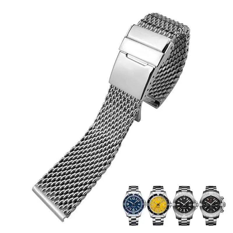 PCAVO 316L Stainless Steel 22mm 24mm Watch Band Fit for Breitling Superocean Heritage Solid Metal Bracelets Mesh Woven Strap