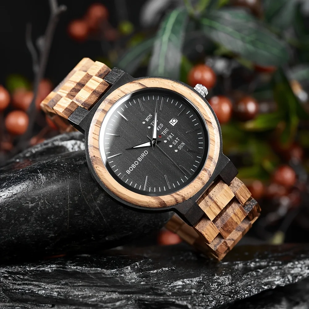 BOBO BIRD reloj analógico de madera para hombre, accesorio de pulsera de cuarzo resistente al agua con calendario, complemento masculino de marca de