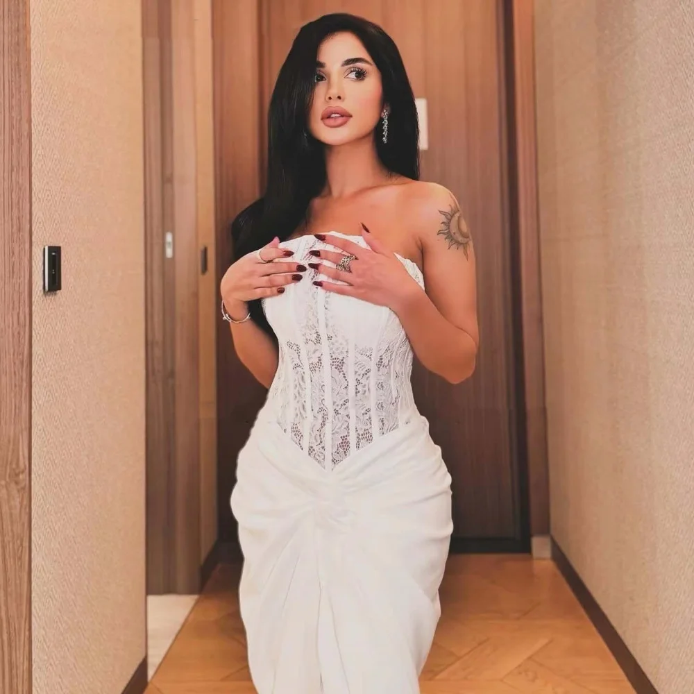 Aangepaste prachtige vrouwen galajurk mouwloze charmante boothals kanten applique feestjurk hoge split dames avondjurk