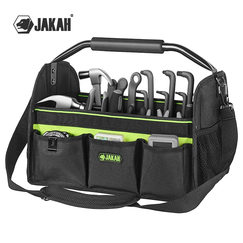 Sac à outils pour électricien 16 po, grand sac de caddie de nettoyage 1680D, sacs à outils à dessus ouvert avec poignée en acier inoxydable et épaule rembourrée