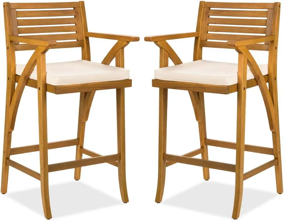 Products Set of 2 Outdoor Acacia Wood Bar Stools Bar Chairs for Patio, Pool, Garden w/Weather-Resistant Cushions - Teak Finish