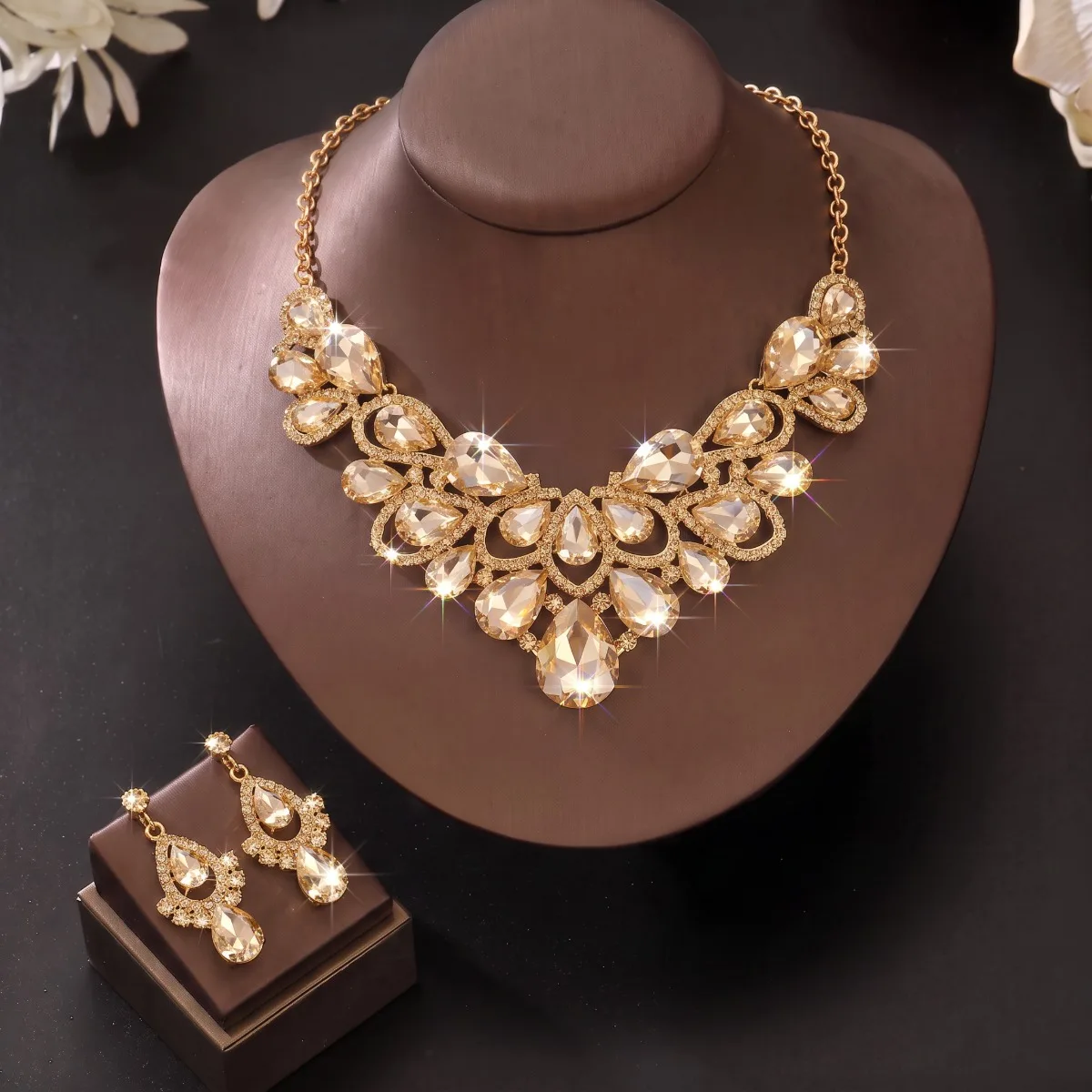 Noble Two Tone Dripping Water Drop Necklace Earrings Bridal Dress Banquet Accessories Party Eye Catching Jewelry