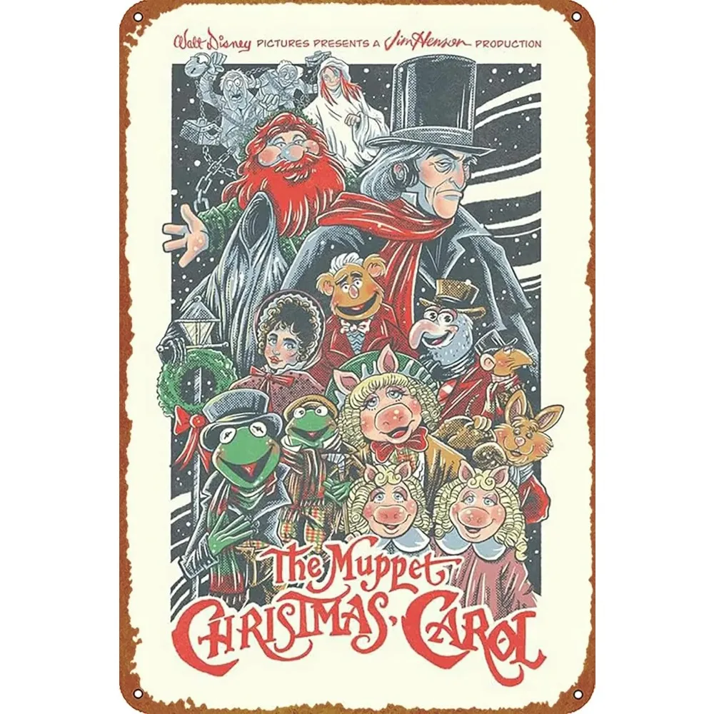 Aluminum metal sign wall decor, vintage Christmas puppet group poster snowy aged rusted plaque for bar home Xmas indoor decor