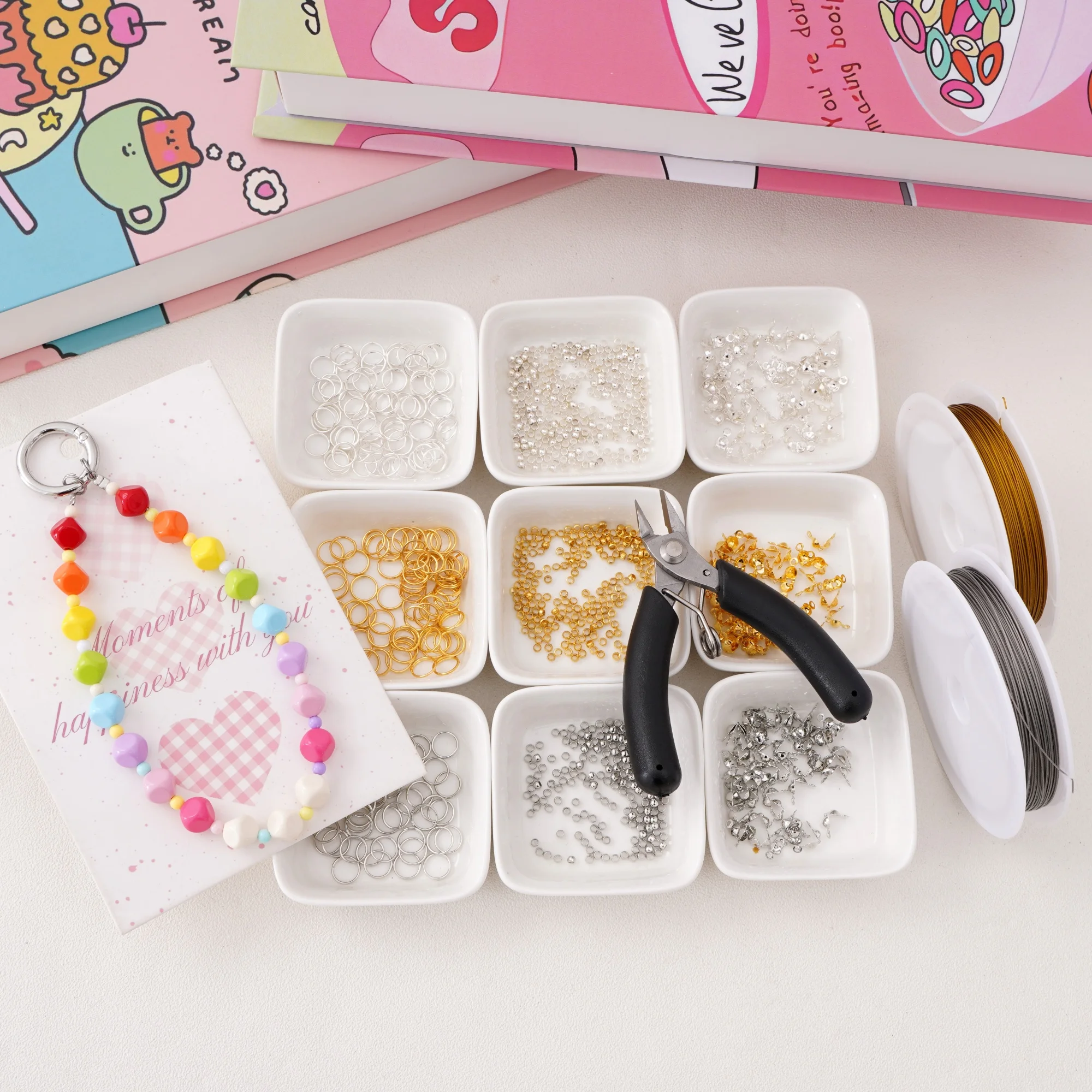 1Set DIY Phone Chain Making Kit with Double Circle Positioning Beads Metal Buckle and Pliers For Phone Strap Craft Material Bag