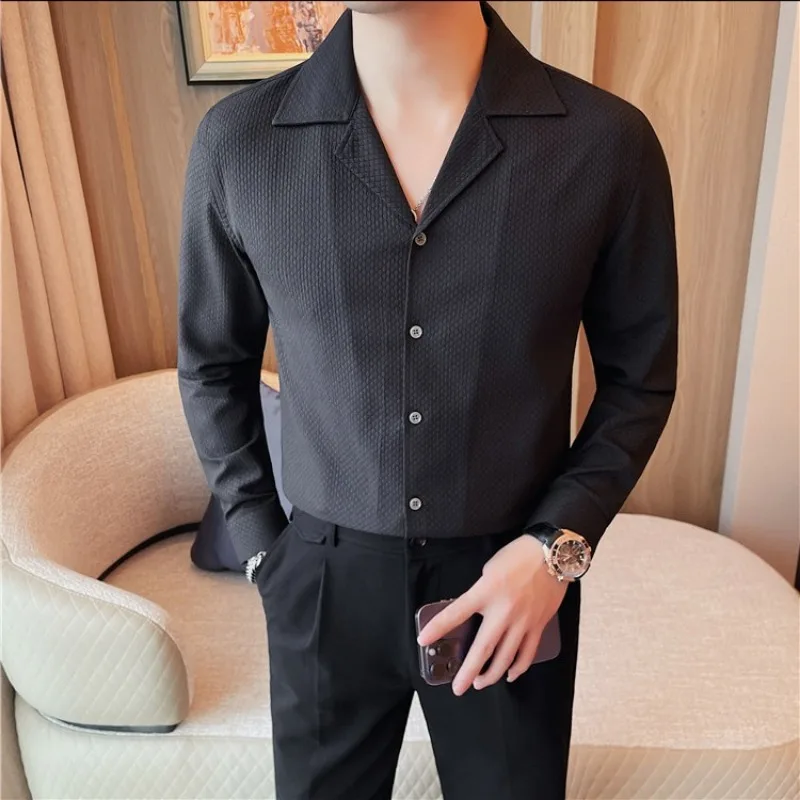 2024 Spring Plaid Pattern V-neck Shirt for Men Brand Slim Casual Business Formal Dress Shirts Tuxedo Blouse Social Men Clothing