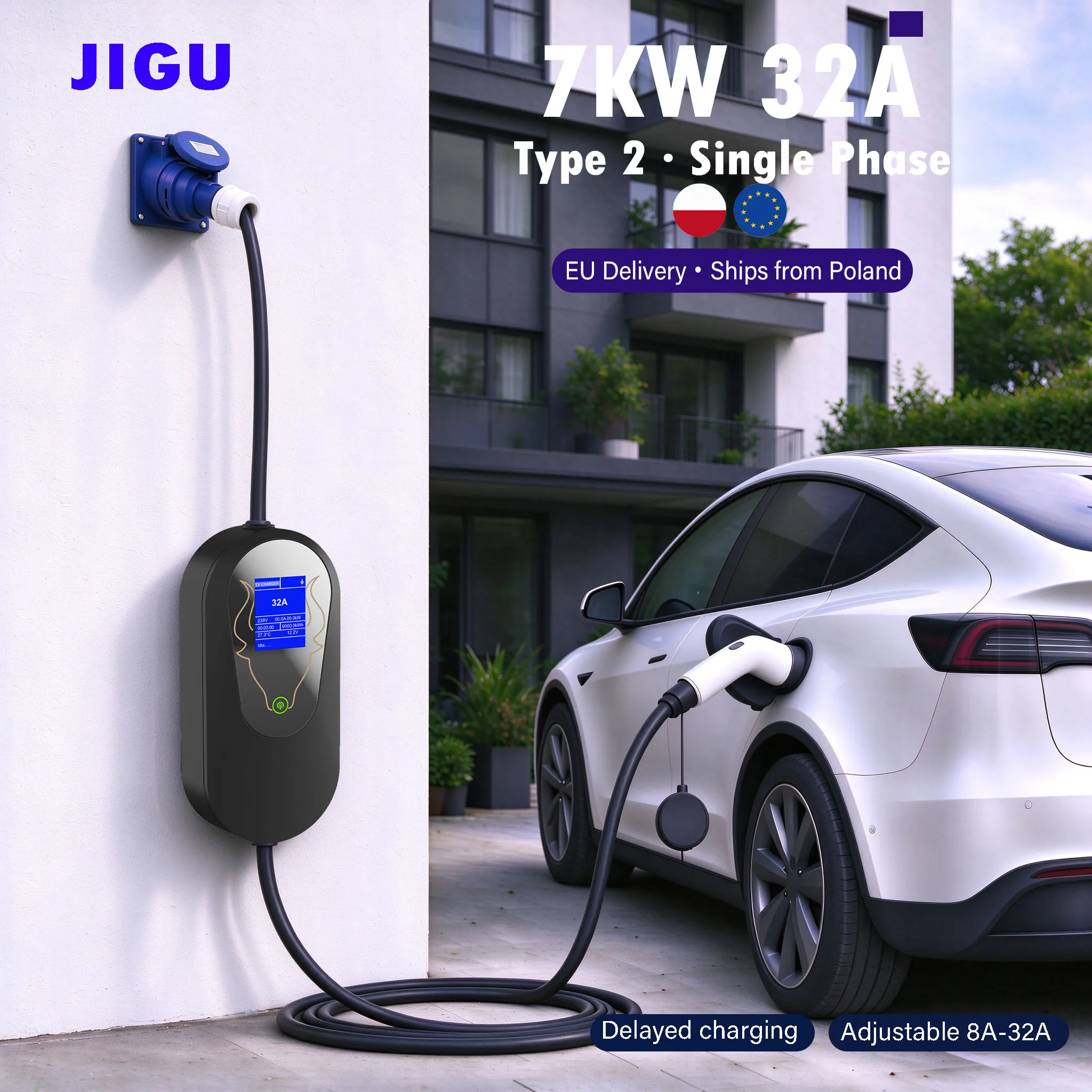 JIGU 7kW Tragbares EV-Ladegerät Typ 2 32A CEE Blauer Stecker Einphasig 230V Einstellbar 8-32A, Verzögertes Laden, Versand aus Polen