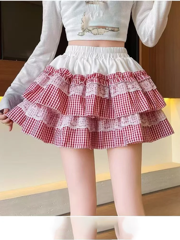 여름 미니 스커트 여성 의류 스위트 주프 패치워크 레이스 라인 스커트 2025 팔다스 무헤르 데 모다 하이 웨이스트 체크 귀여운 스커트