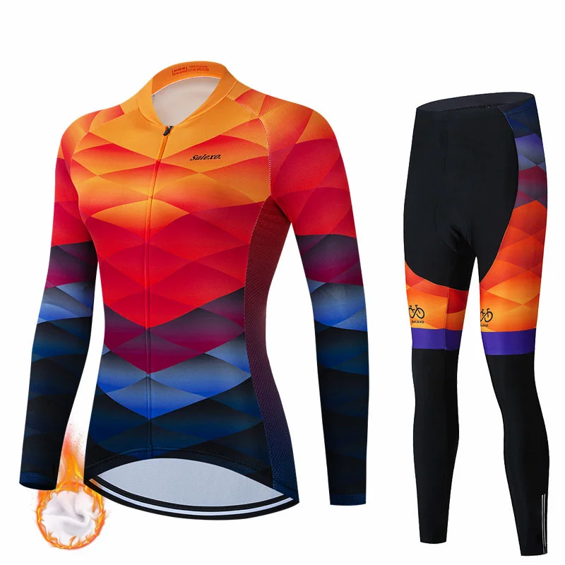 2023 Women Winter Thermal Fleece Sport Cycling Jersey MTB Bicycle Clothing Warm Long Sleeve Triathlon Mountain Bike Bib Pant Set