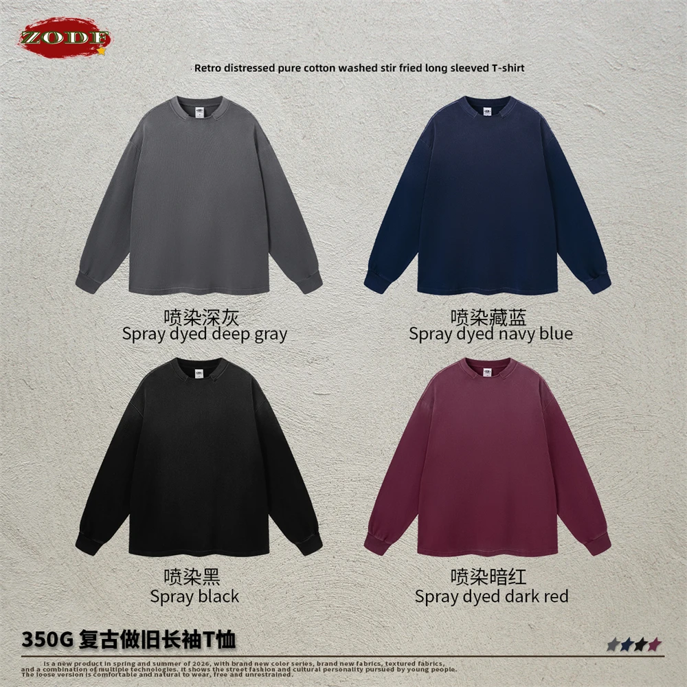 ZODF Retro 2026 Autumn Men Wased Long Sleeve Solid T-Shirt Unisex 350gsm Distressed Fire Snowflake O Neck T Shirts Tees HY1316