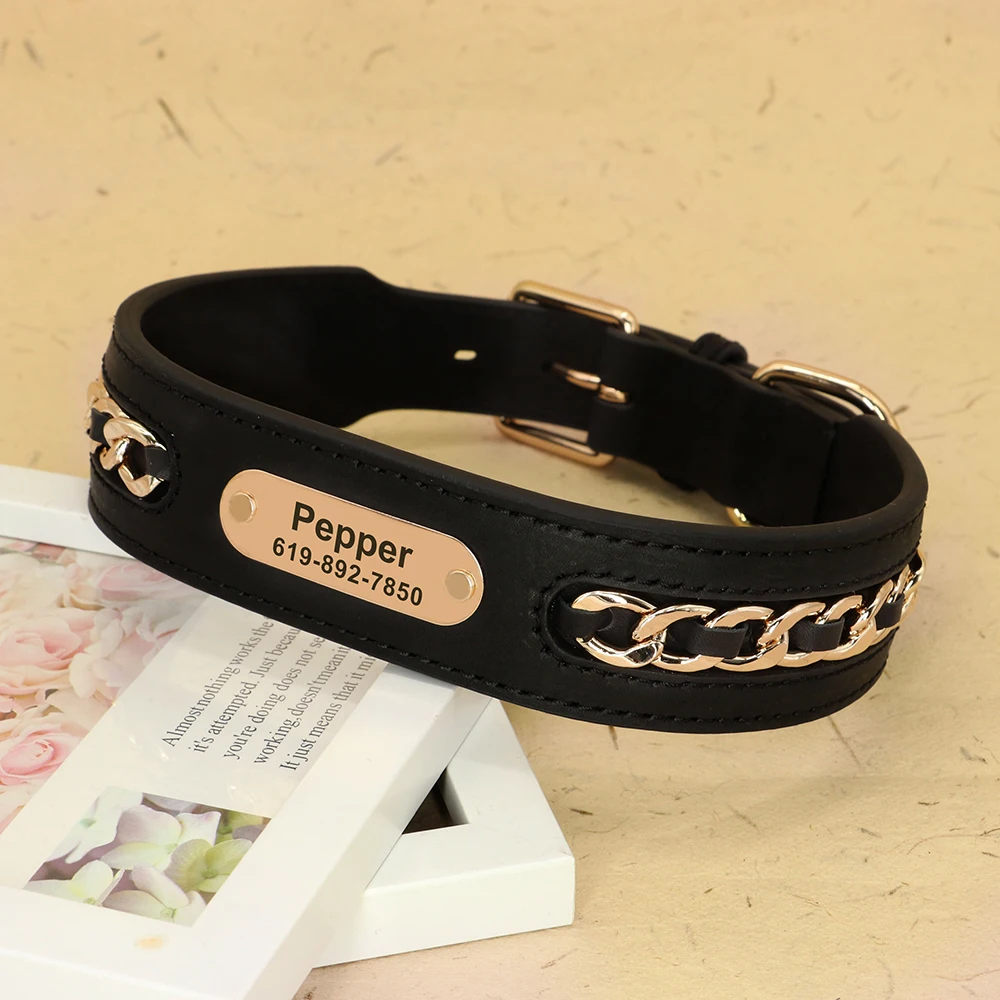 Personalized Leather Dog Collar Custom Dogs ID Tag Collars Strong Pet Necklace With Metal Accessories For Small Large Dogs Pug