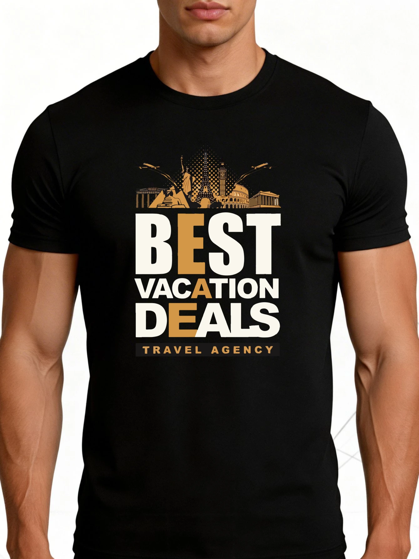 Men's Plain Graphic T-Shirt - Breathable, Soft, Lightweight - Best Vacation Deals Travel Agency - Retro Fun Graphic Casual Short Sleeve Summer Top, Great Gift for Him