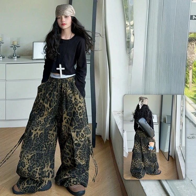 

Teen Girl Jazz Hip-hop Street Dance Performance Set Cotton Tops+leopard Cargo Pants 2pcs Junior Kids Model Runway Outfits