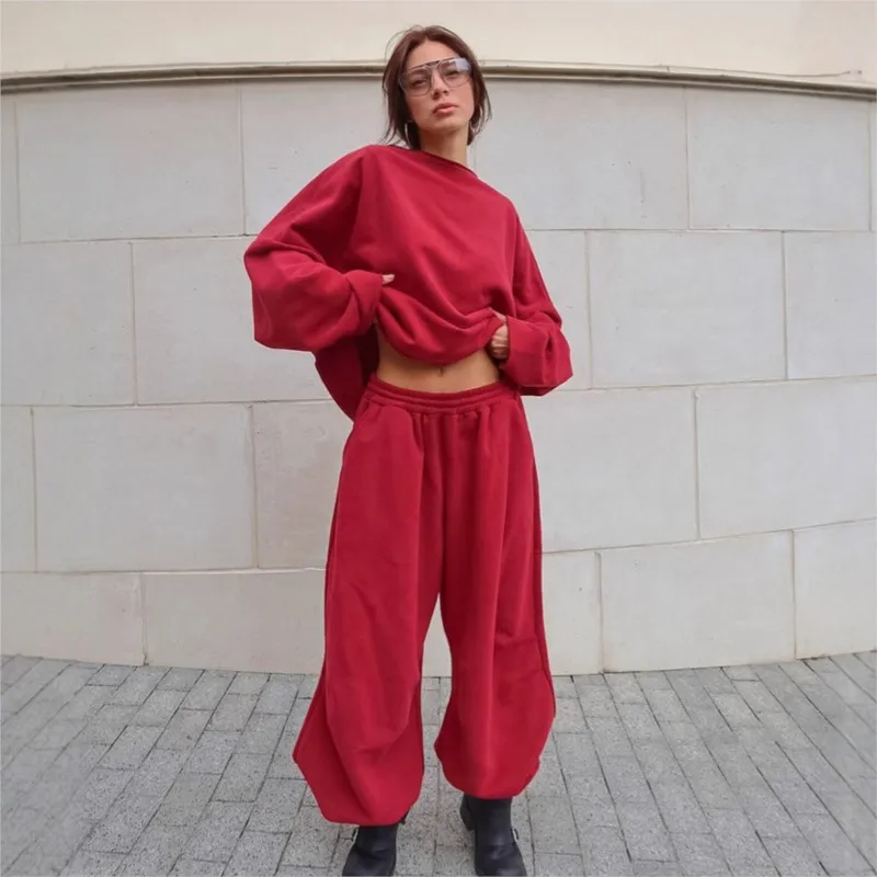 2025 الخريف الشتاء موضة بدلة رياضية عصرية بلون فضفاض بأكمام طويلة بلوزات وسراويل رياضية غير رسمية قطعتين مجموعة #2