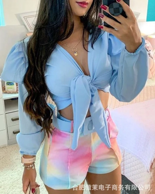 Women's Shorts Set Autumn V Neck Long Sleeve Knot Front Crop Top and New Rainbow Tie Up Print High Waist Shorts Set with Belt