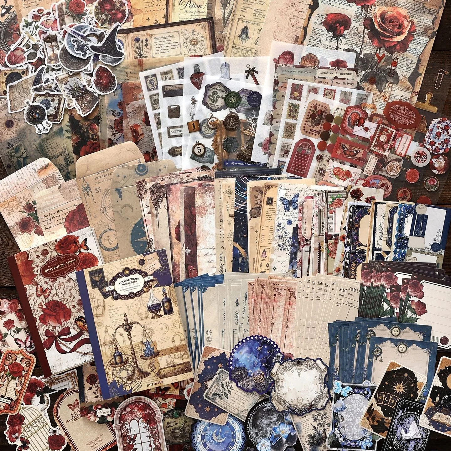 152 Sheets Vintage Scrapbook Paper Kit Multi-Material DIY Journal Decorative Background Sticker Set Craft Supplies