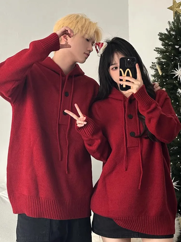 

Red Hoodie Knitted Sweater for Men Couple Matching Spring 2025 New American Retro Sle Lazy Faion Soft Comfortable Material