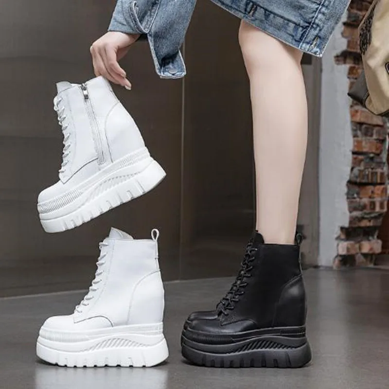 12cm Genuine Synthetic Leather Mid Calf High Boots Winter Female Platform Wedge Flat Women Boots Botas Casual 2026 Autumn Shoes