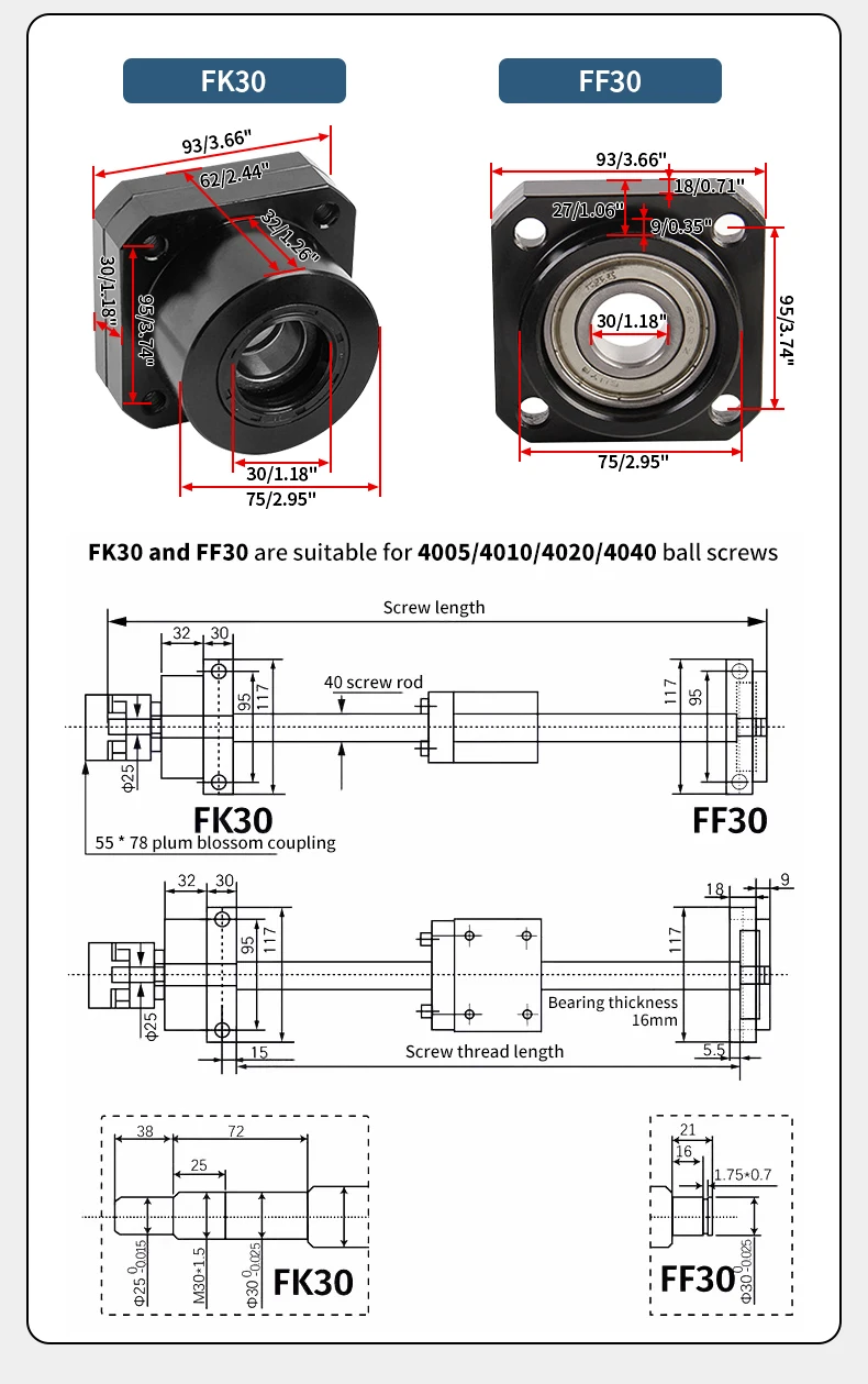 FK30 FF30 Kugelumlaufspindel Lagersitz Kugelumlaufspindel Endstütze FKFF30 Einheit für Kugelumlaufspindel SFU4005/4010 CNC-Getriebeteil 1 Satz – Detail 4