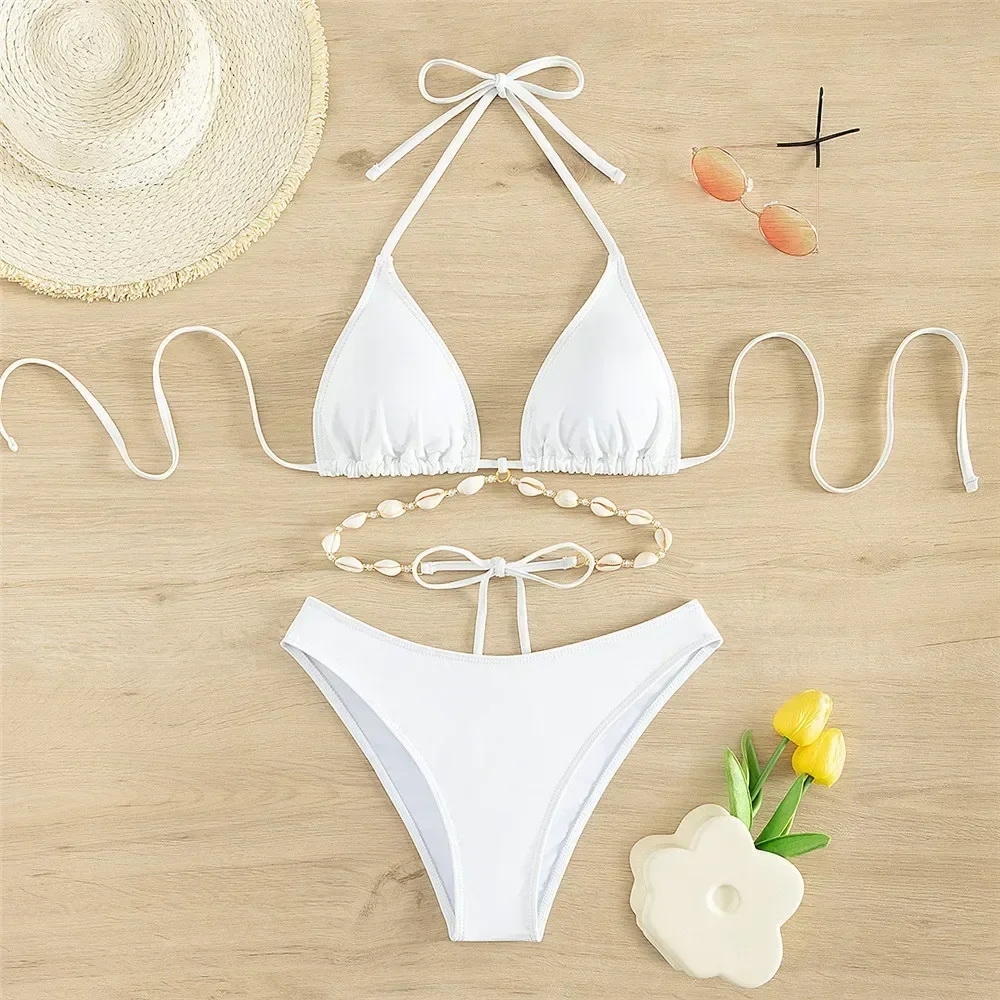 

Sexy White Shell String Halter Triangle Bikini Set Women Swimwear Micro Thong Swimsuit Bathing Suit Mini Bikinis 2025 Mujer Swim