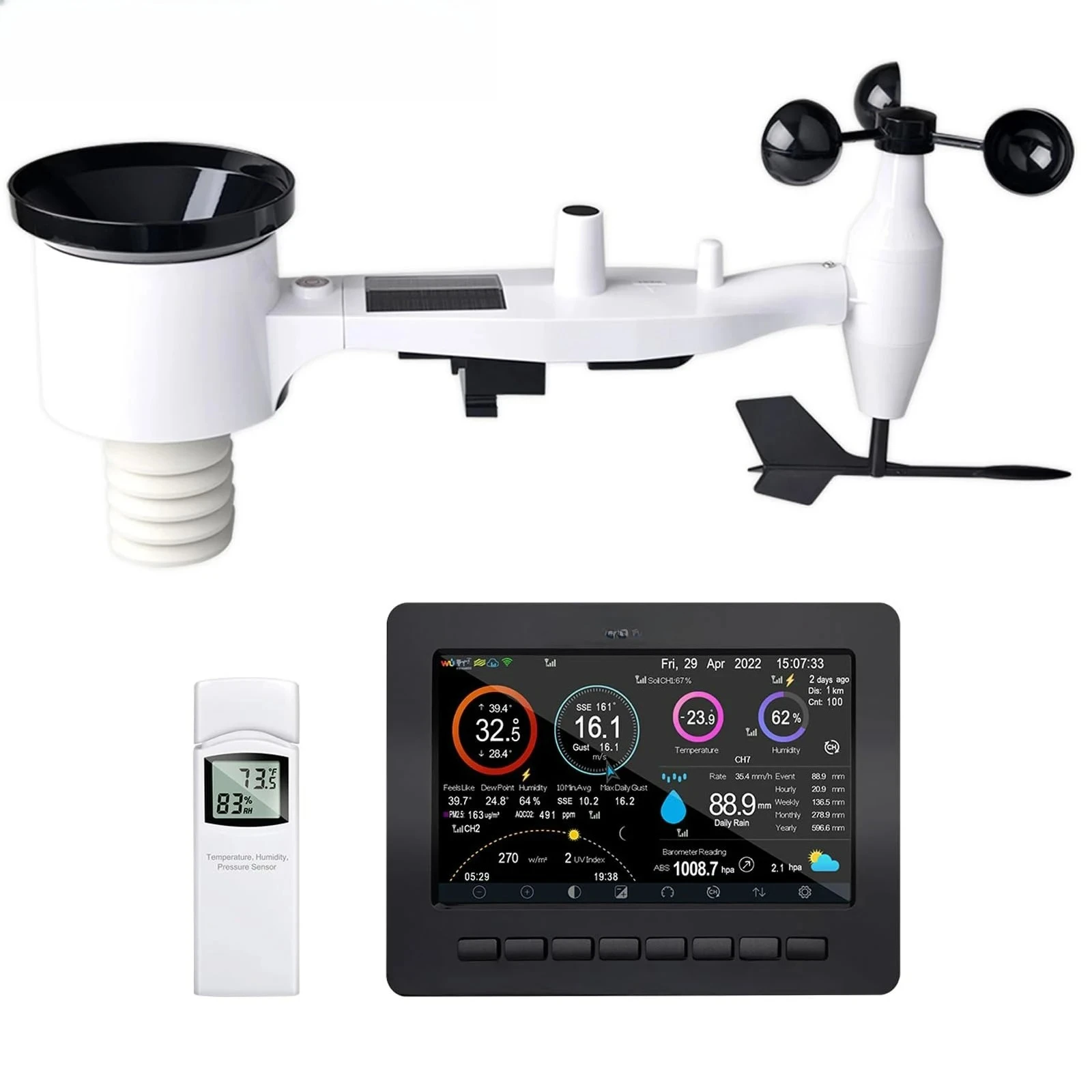 HP2551 Wi-Fi Weather Station with 7'' Large TFT Colored Display Console, 7-in-1 Solar Powered Outdoor Weather Sensor