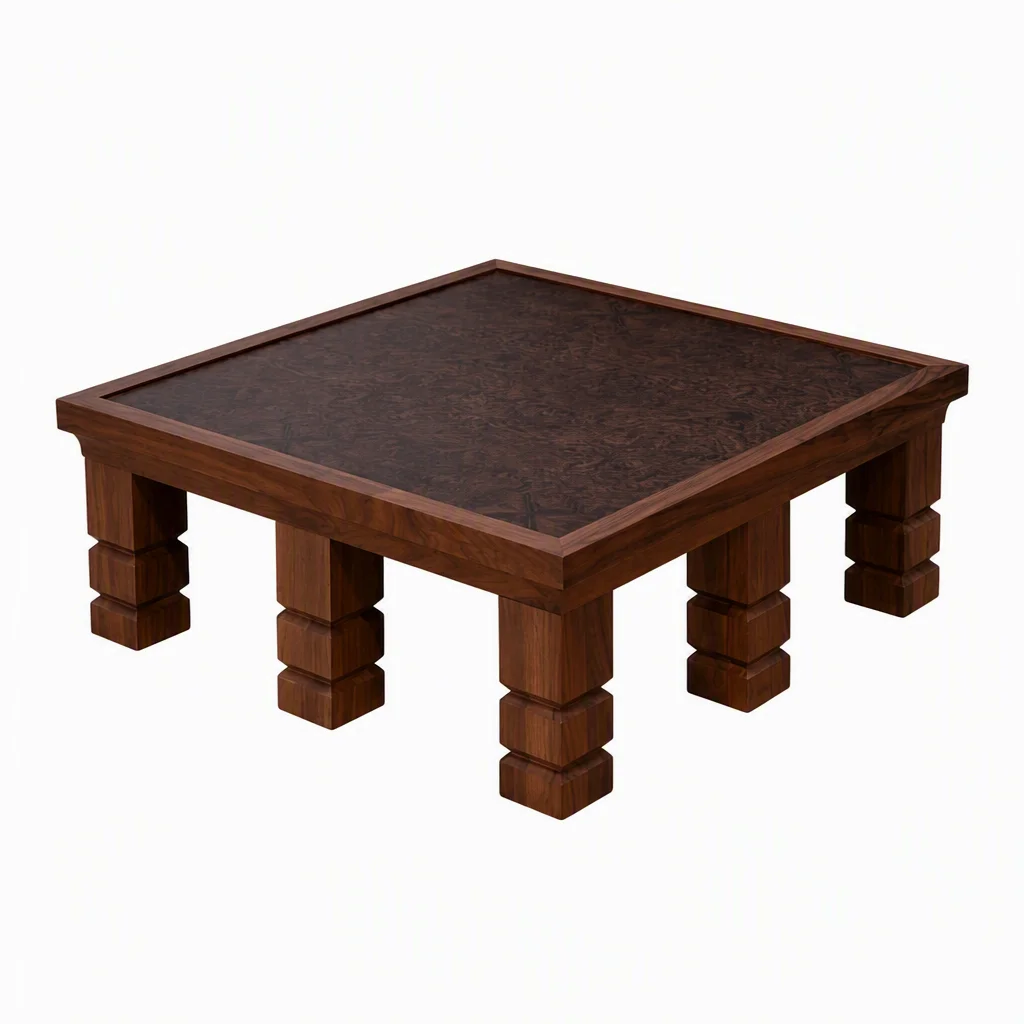 Modern Square Dark Wood Coffee Table With Burl Wood Top Professional Large Walnut Center Table For Living Room
