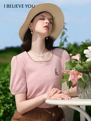 I BELIEVE YOU Embroidery U Collar Puff Short Sleeve T-shirts For Women 2024 Summer New Chic Slim Basic Blouses Female 2242015657