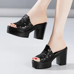 Plus Size 32-43 Elegant Black Floral Cutout Block High Heels Slides Platform Shoes 2024 Womens Summer Thick Sole Slippers