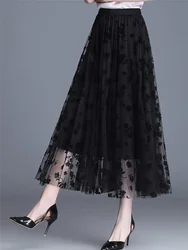 Y2k A-line Pleated Korean Women Mesh Skirts Fashion Hook Flower Loose Midi Skirts Elegant Female Casual All Match Skirts Summer