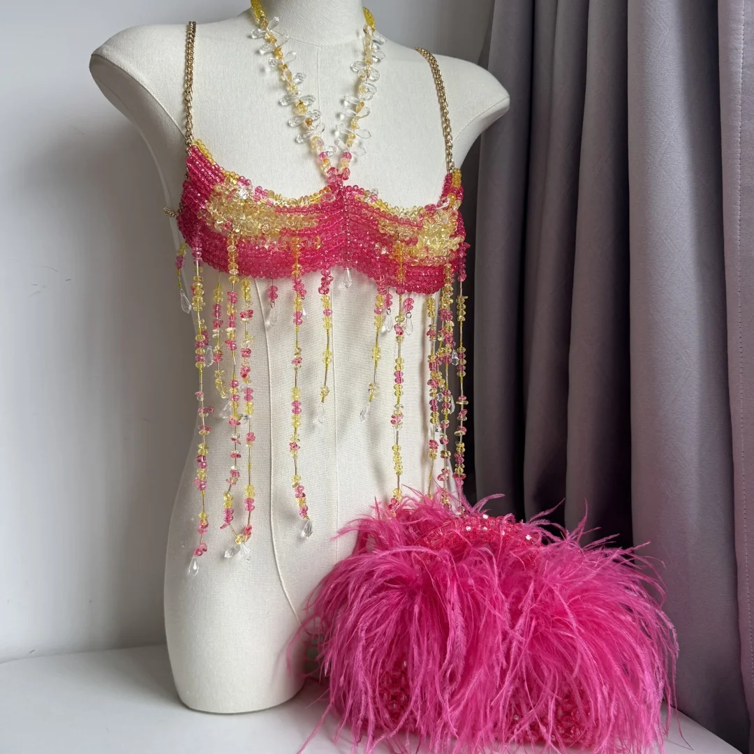 

Handmade Crystal Bra Halter Gold Beaded Layered Lingerie Harness Bralette Beaded Women Vest Neck Party Bridal Beachwear