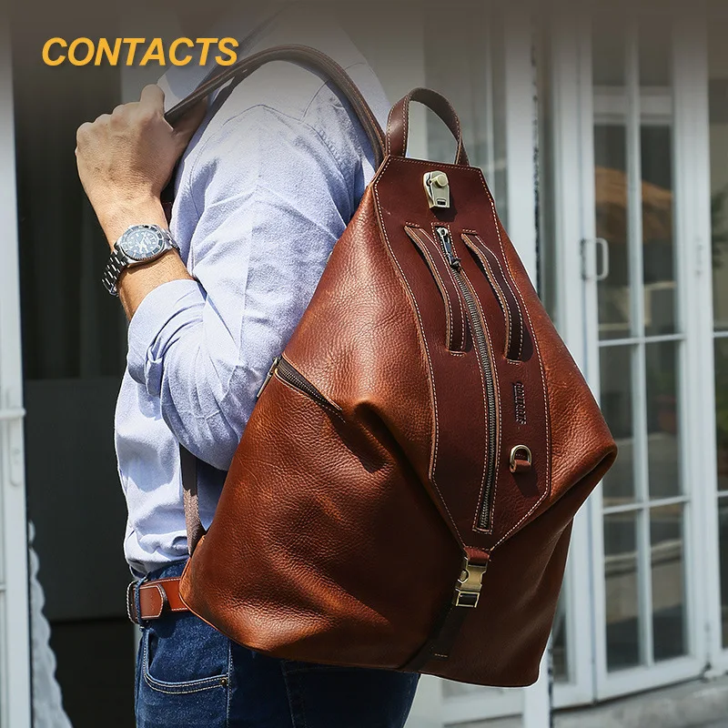 HTS-MB277A Head Layer Cowhide Large Capacity Casual Men's Backpack Password Lock Genuine Leather Travel Backpack