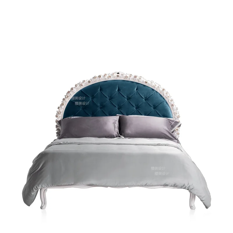 

French court wood carving double bed, white gold villa furniture