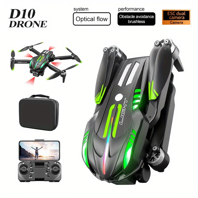 D10 Drone Foldable Quadcopter | Servo Gimbal Stabilization EIS | Optical Flow ESC Gradient Flow LED 2.4GHz Anti-Interference