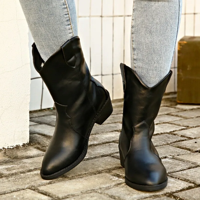 Botas occidentales de punta estrecha para mujer, zapatos de tacón grueso de tubo medio sólido, talla grande, gran oferta, Invierno