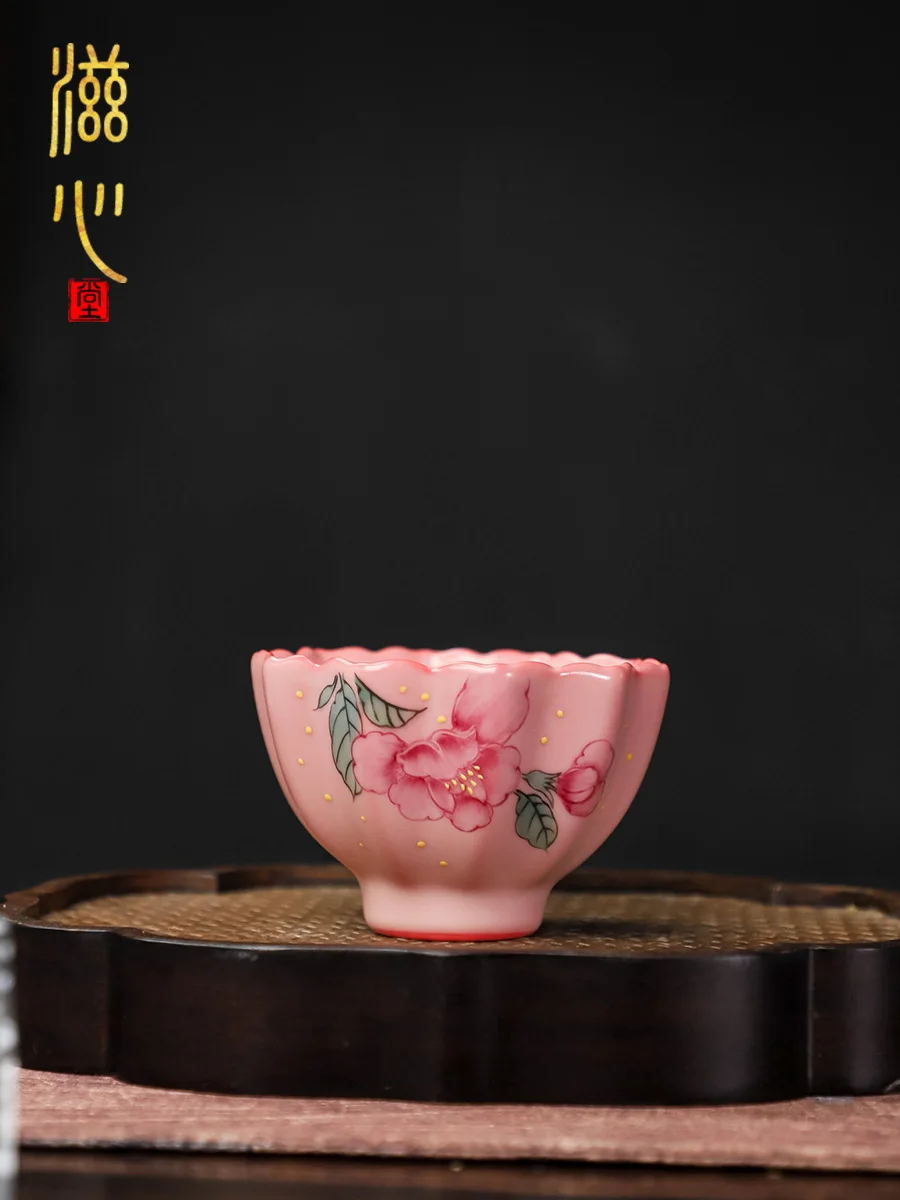 

High-End Celadon Hand Painted Camellia Pink Cup Single Ceramic Personal Dedicated Set Gift Box