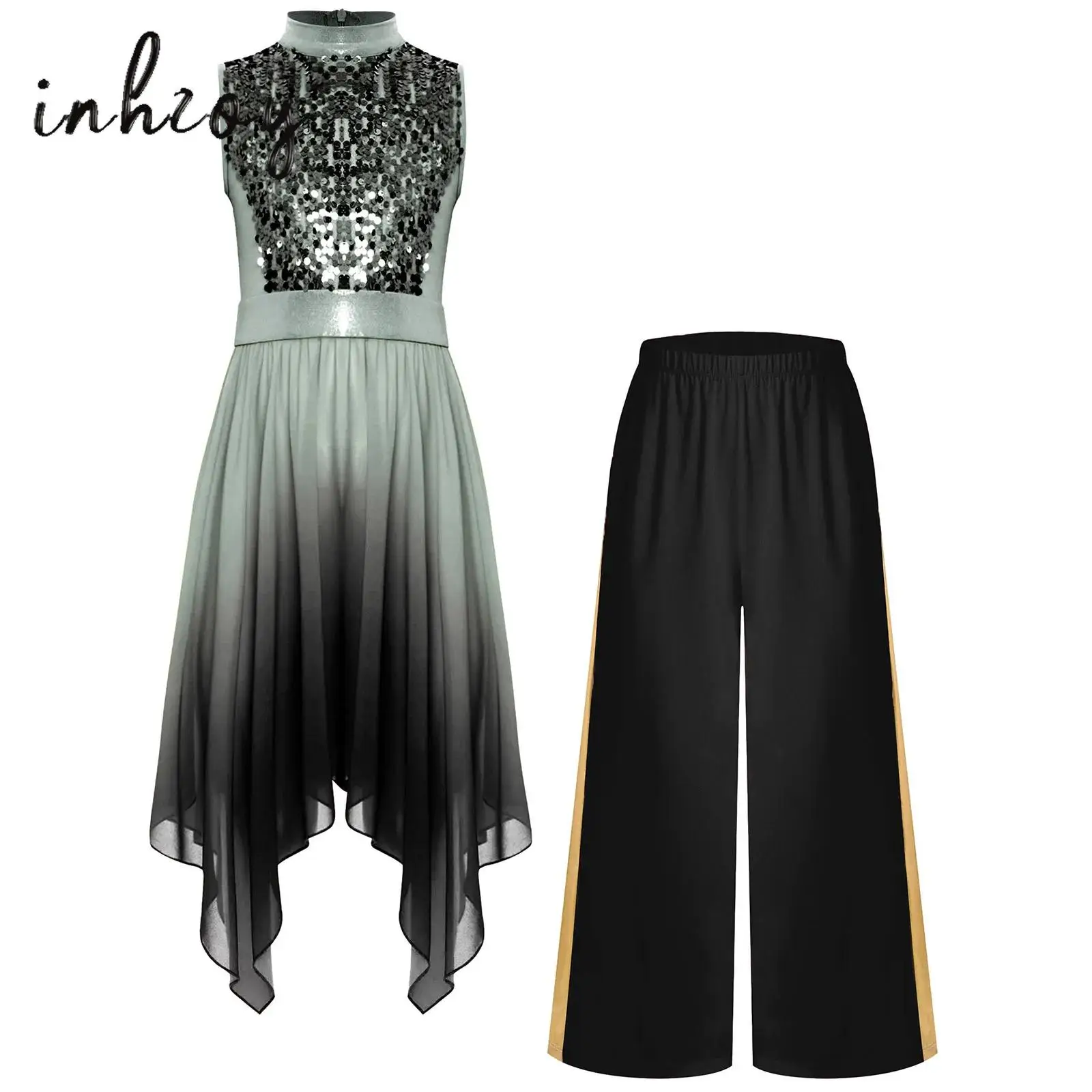 

Kids Girls Liturgical Praise Dance Dress Sleeveless Asymmetrical Hem Shiny Sequin Bodice Worship Tunic Dress+Wide-Leg Pants Set