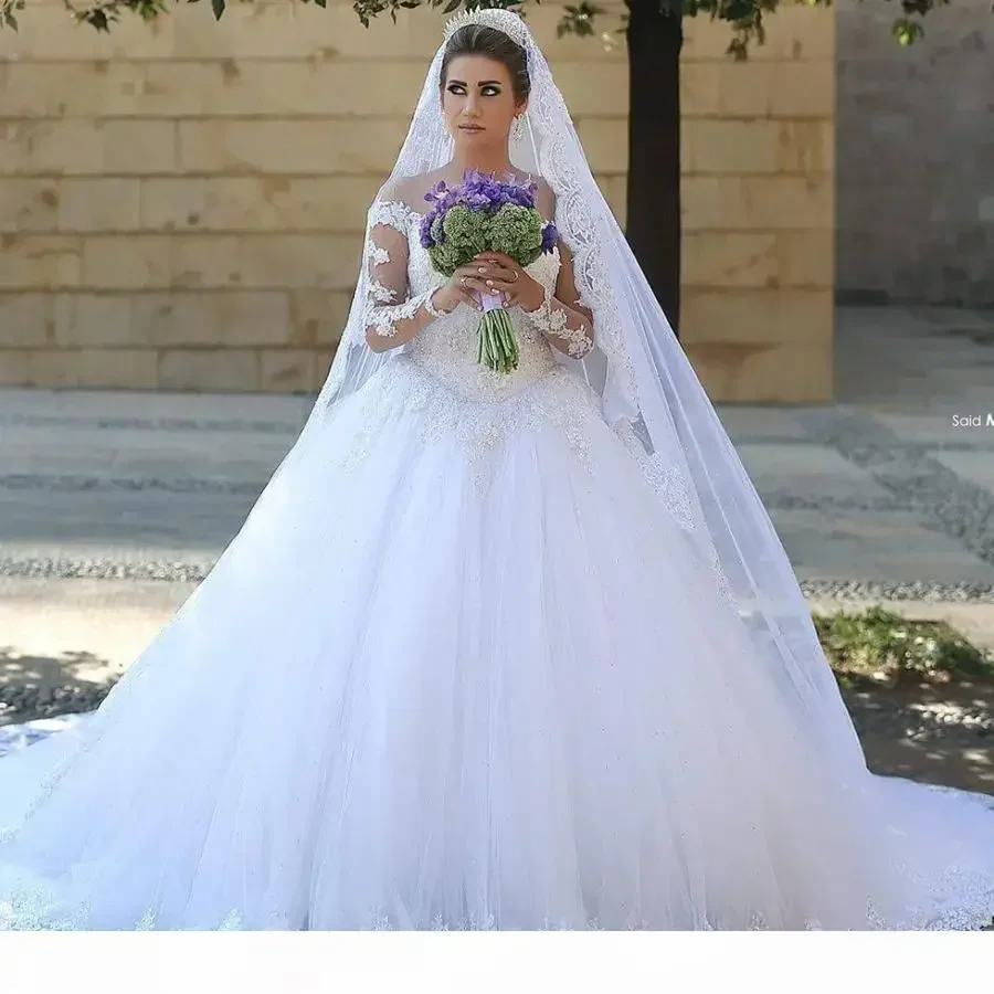 

Customized Ball Gown Wedding Dresses Classic Lace Long Sleeve White Illusion Neckline Bridal Robe De Mariage Custom Made Princes