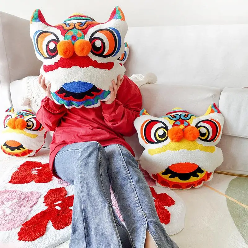 Chinese Traditional Dance Lion Embroidery Cushion Sofa Chair Car Waist Cushion Wedding Bedding New Year Decorative Pillow