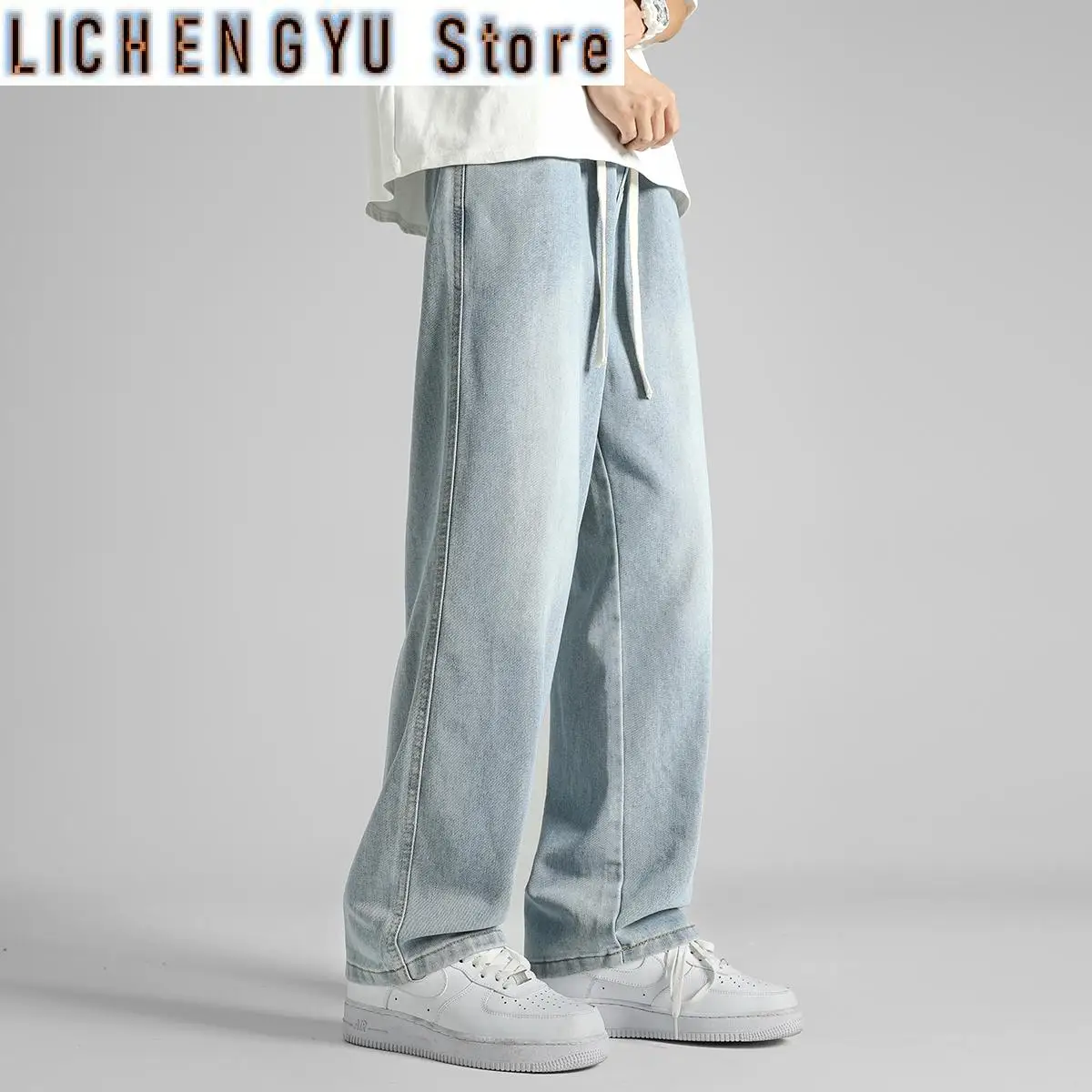 

Elastic Waist Design Baggy Jeans Men Straight Fashion Korean Men's Clothing Streetwear Youth Jogging Casual Denim Trousers