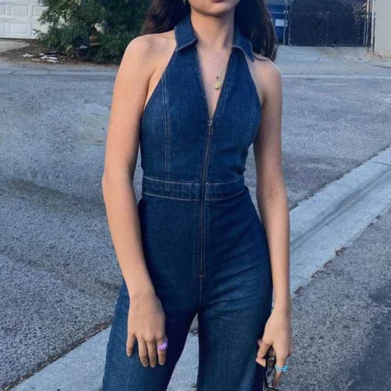 Summer Women's  V Neck Zipper Sleeveless Sexy Slim Fit Fashionable Retro Street Hottie High Waisted Denim Straight Cut Jumpsuit