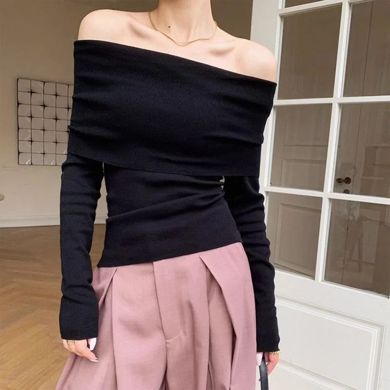 Black Solid Off Shoulder Elegant Long Sleeve Tops Korean Fashion Slim Sexy Cropped T Shirt Women Autumn Y2k Clothing Skinny Top