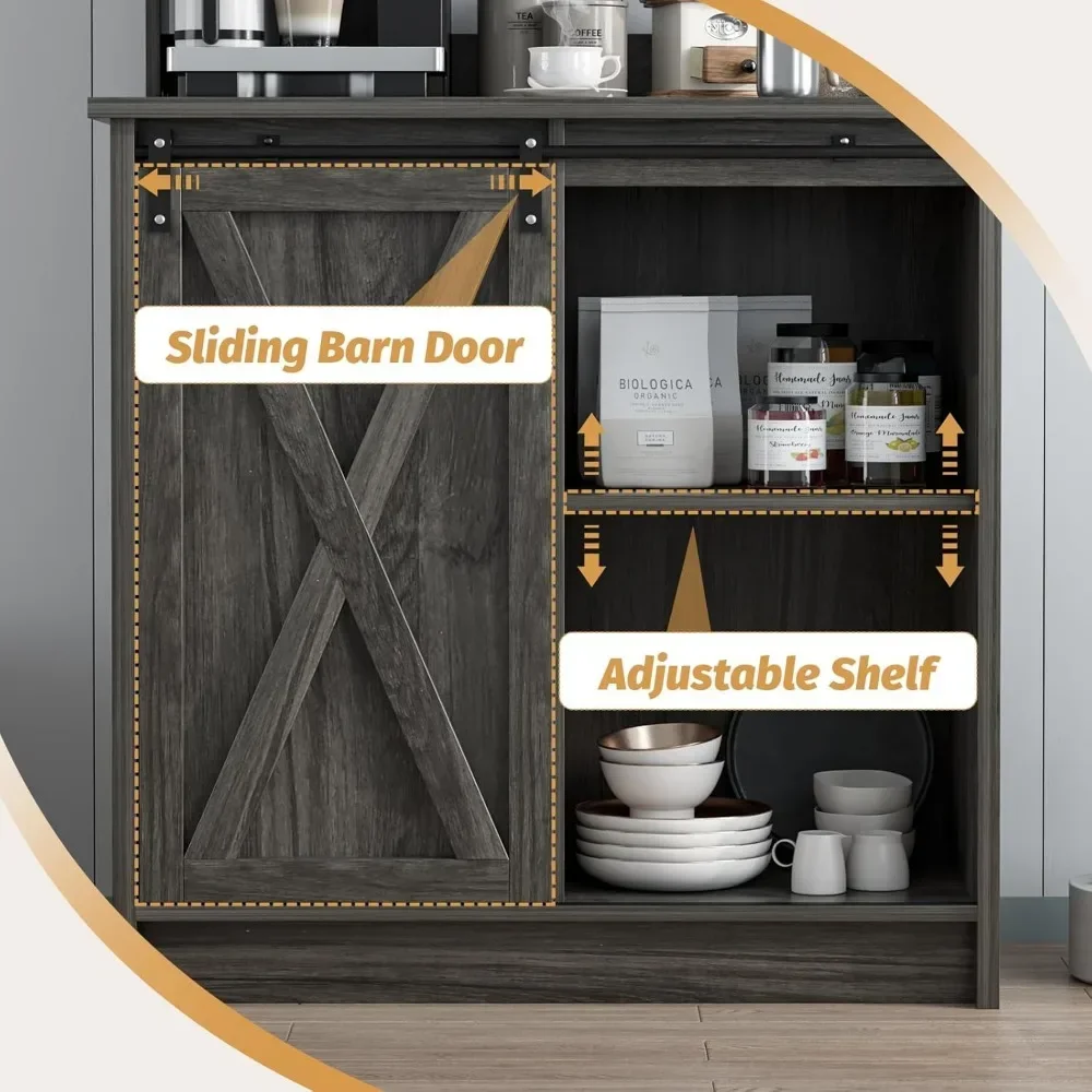 Farmhouse Coffee Bar Cabinet with Storage, Gray Coffee Bar with 6 Hooks, Coffee Bar Table with Sliding Barn Door