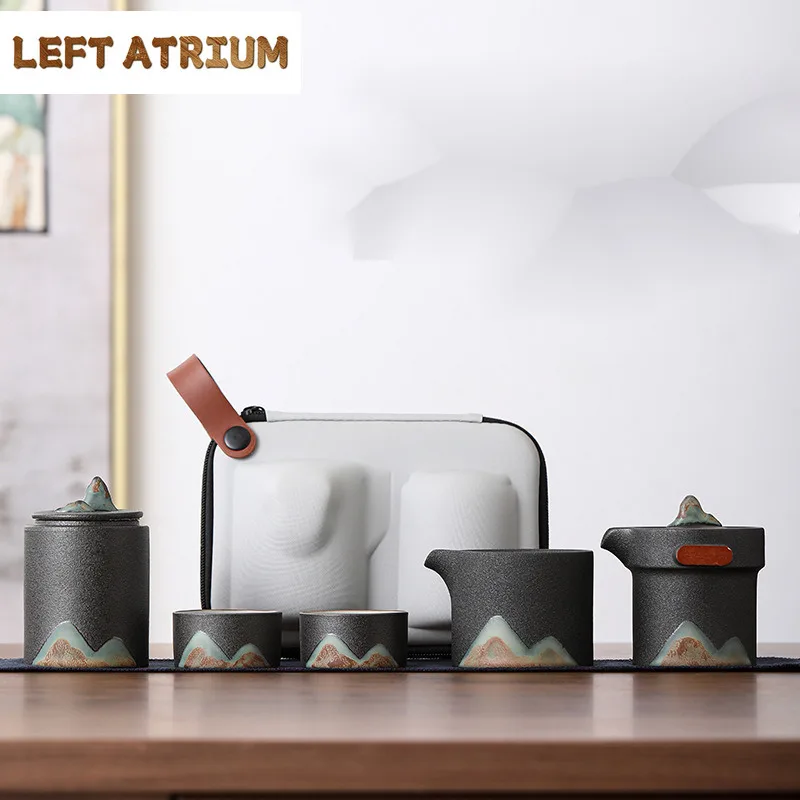 

Japanese Hand-painted Mountain Tea Set Kit Vintage Coarse Pottery Set of Cups Teapot and Cups Tea Making Outdoor Portable Bags