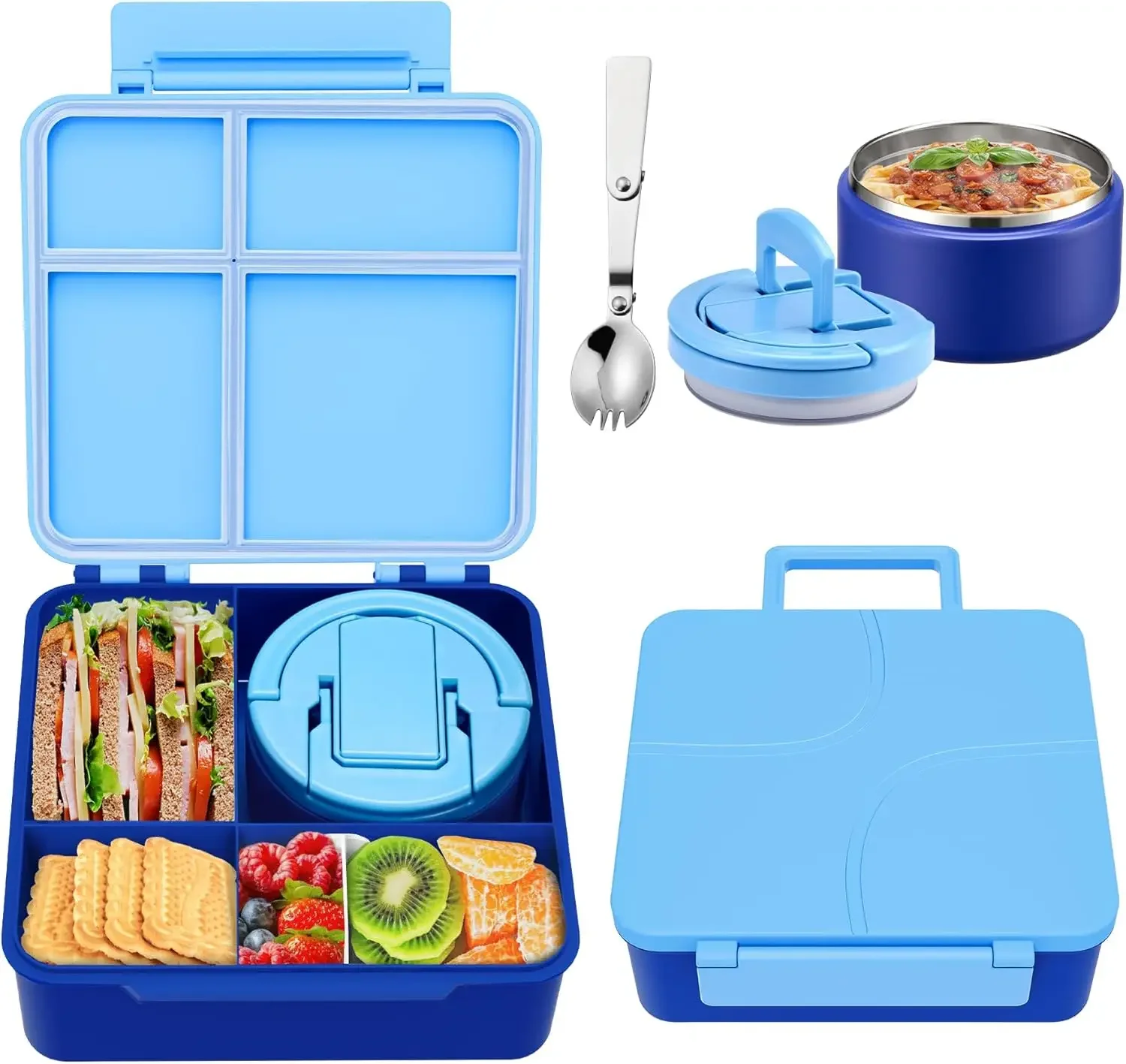 

Kids Leakproof Lunch Box with 8oz Soup Thermo, 4 Compartments, Insulated Hot Food Jar for School and Travel in Blue