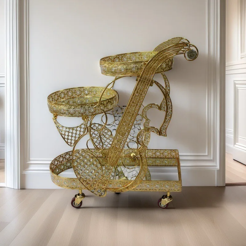 3 Tier Gold Mobile Trolley Rolling Storage Cart Multi Shelf Organizer for Hotel Lounge